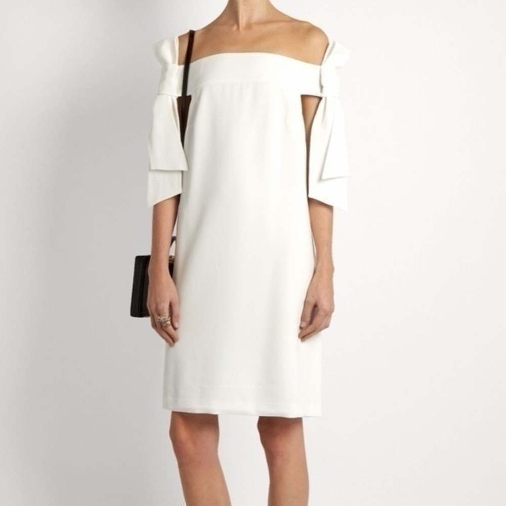 Tibi White Crepe Off the Shoulder Bow Dress